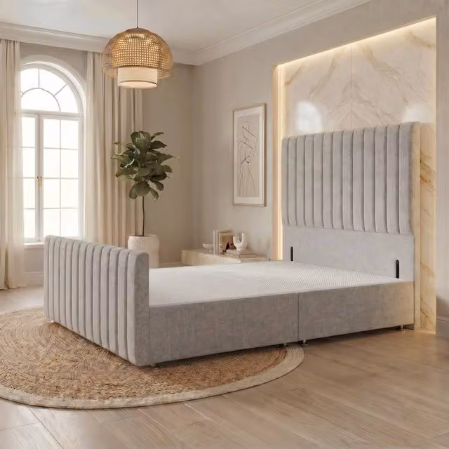 Somnior Eleanor Linen Divan Base with Headboard and Footboard, Light Grey, W/D/H: 180 x 200 cm