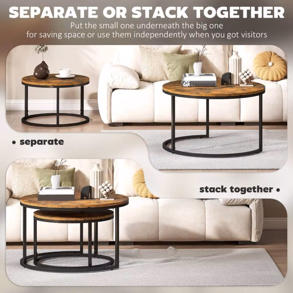 STILVORA Set of 2 Round Nesting Coffee Tables with Industrial Steel Frame in Rustic Brown and Black – 3