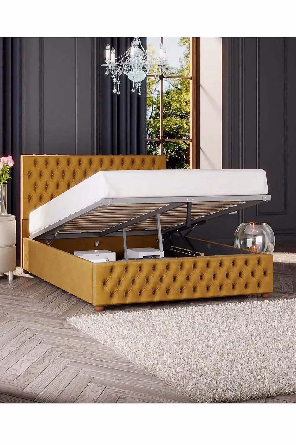 Laurence Llewelyn-Bowen Seren Ottoman Storage Bed in Mustard Plush Velvet Fabric, Super King Size (W: 200 cm x D: 200 cm) – 2