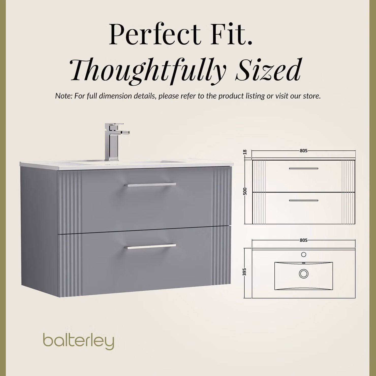 Balterley Wall Hung 2 Drawer Vanity Unit with Minimalist Basin, Satin Grey, Width: 80 cm – 3