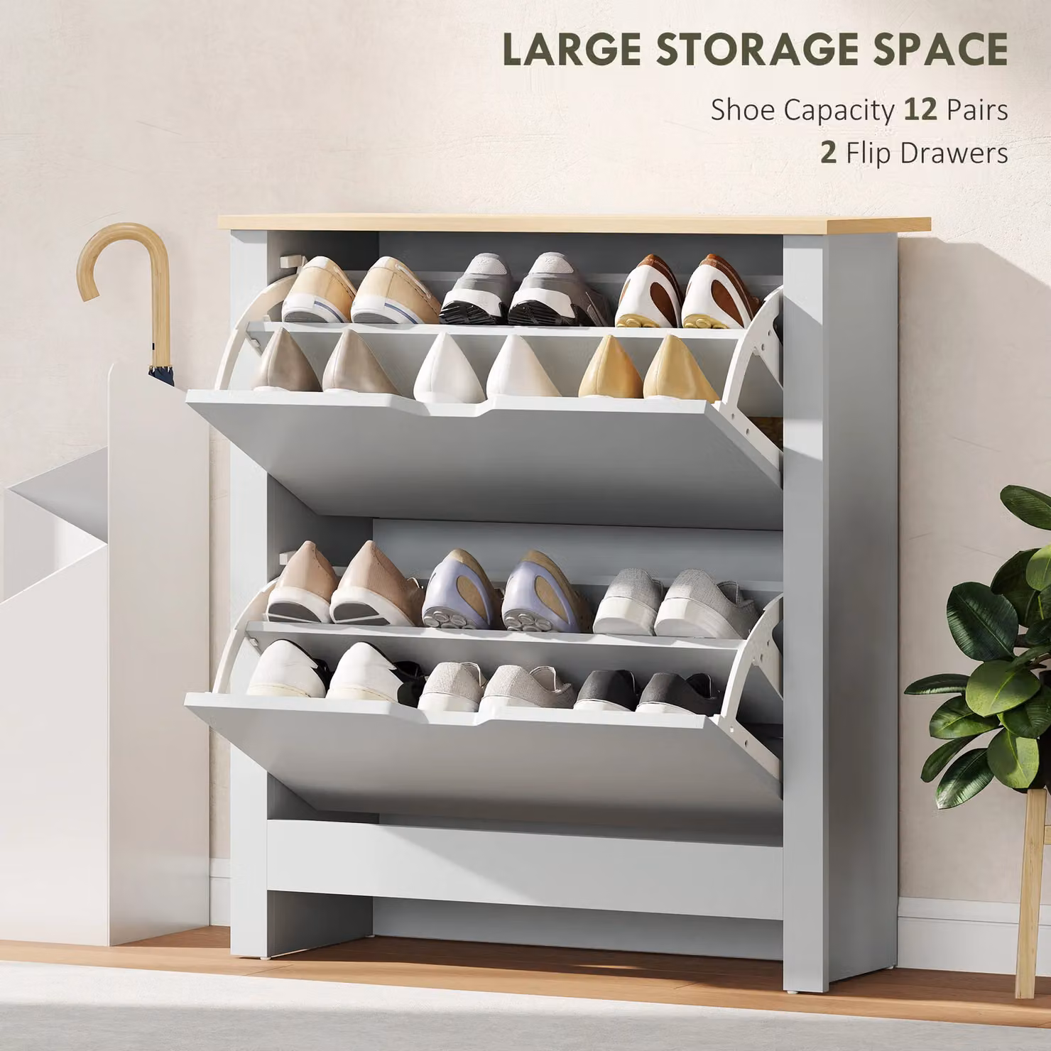 HOMCOM 12-Shoe Storage Cabinet with 4 Shelves and 2 Drawers in Light Grey – 3
