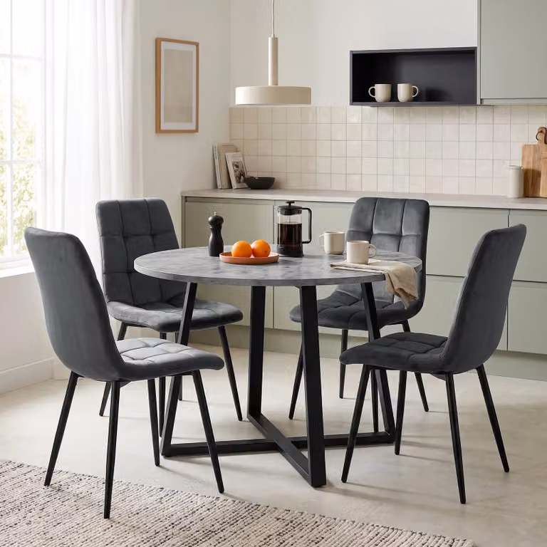 DHS Kyvon Round Dining Table Set with 4 Chairs in Concrete Effect and Grey Velvet