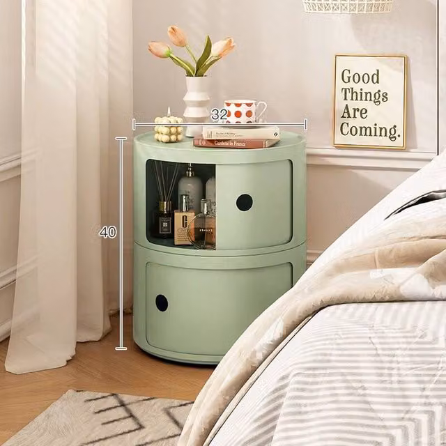 FLAVORA Green 2 Tier Cylindrical Round Freestanding Storage Cabinet with Sliding Doors and Internal Shelves