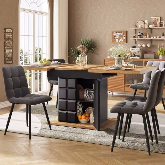 Aosom UK Telescopic Extendable Dining Table with Checked Pattern in Black and Natural, W/D/H: 80 x 80 x 75 cm (Extends to 140 cm Length) – 1