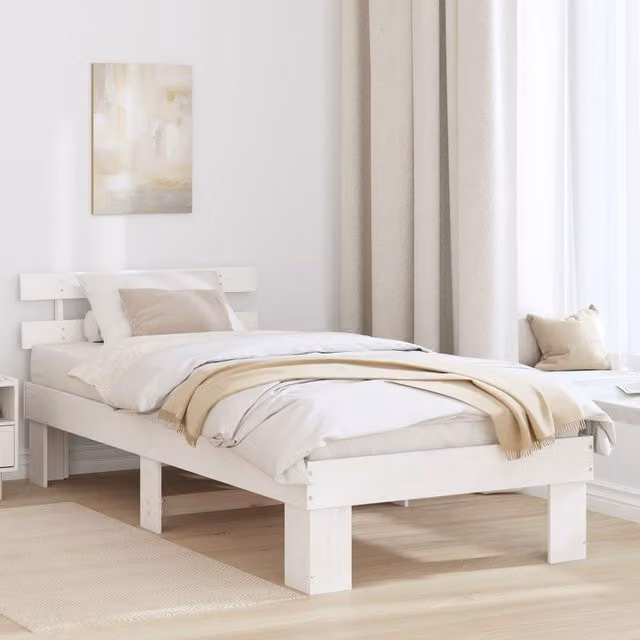 Berkfield Home White Solid Pine Wood Bed Frame with Headboard W/D/H: 100 x 200 x 73 cm