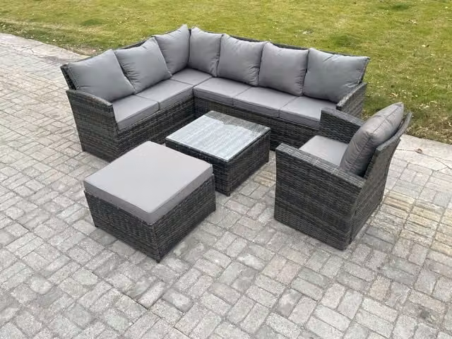 Fimous 8 Seater Outdoor Garden Furniture Set in Dark Grey PE Rattan with Corner Sofa, Coffee Table, Armchair and Ottoman
