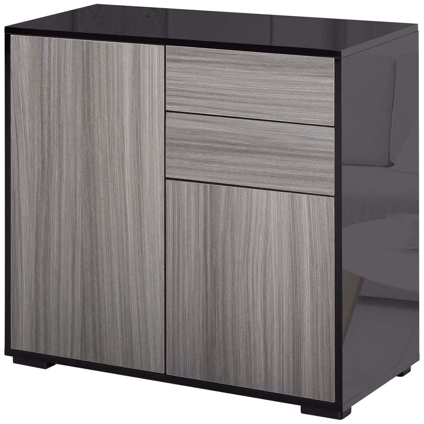 HOMCOM Glossy Push-Open Side Cabinet with 2 Drawers and 2 Doors in Light Grey – 3