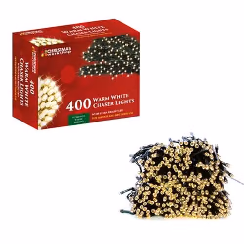 The Christmas Workshop 76180 400 Warm White LED Chaser Christmas Lights, 27.9 Metres, 8 Light Modes, Indoor or Outdoor Use