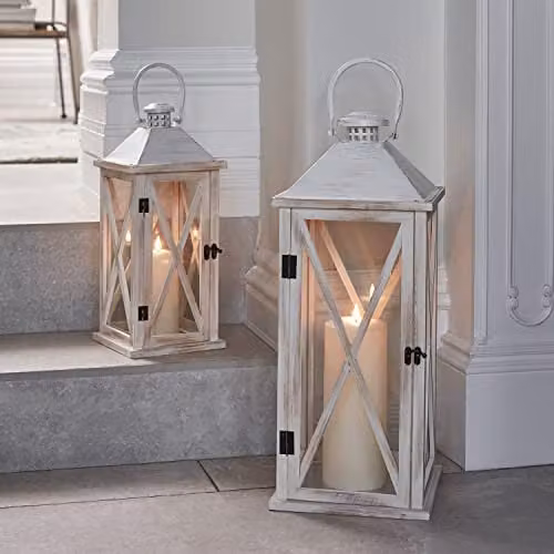 Lights4fun Set of 2 White Rustic Wooden Tabletop Lanterns with Battery Operated LED Pillar Candles and Flicker Effect – 1