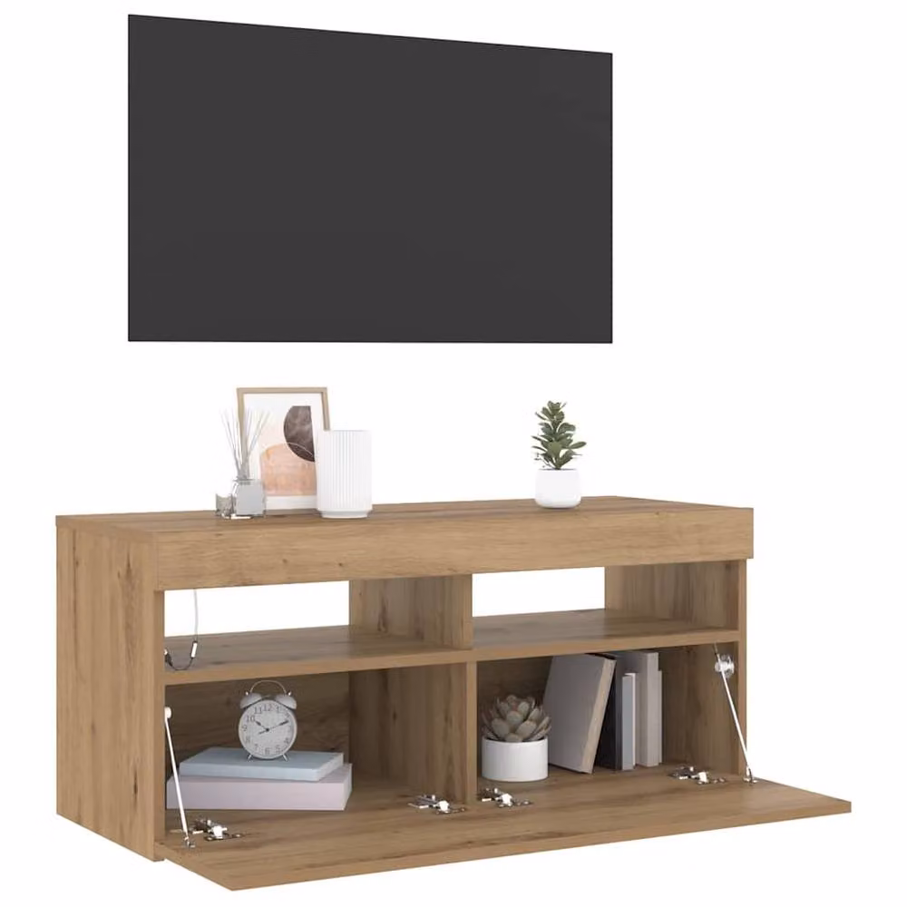 Berkfield Home Artisan Oak TV Cabinet with LED Lights in Brown, W/D/H: 90 x 35 x 40 cm – 4