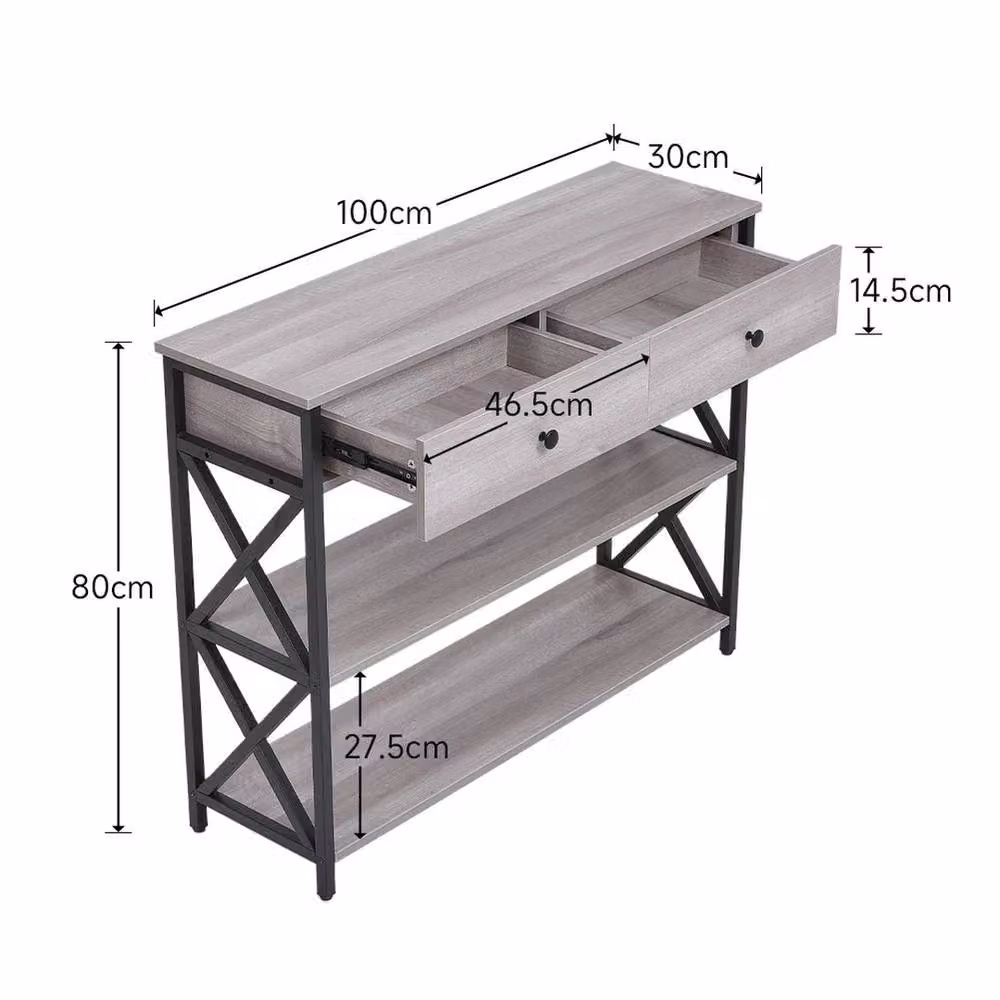 FORGEVIO Industrial Console Table with 2 Drawers and Storage Shelves, Grey, W/D/H: 80 x 30 x 30 cm – 2