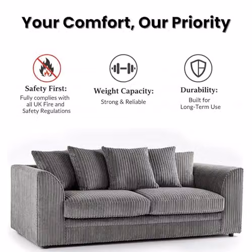 Bliss Furniture Dylan 3-Seater Jumbo Cord Scatter Back Sofa with Removable Covers and Scatter Cushions in Cream – 3