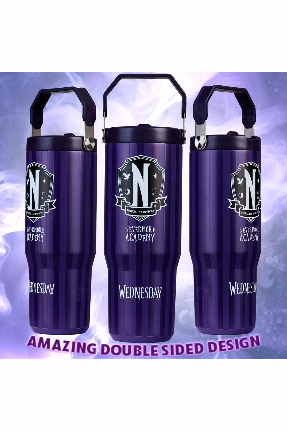 Get Trend Wednesday Insulated Metal Travel Tumbler with Flip Up Straw and Handle, 850ml, Purple – 11