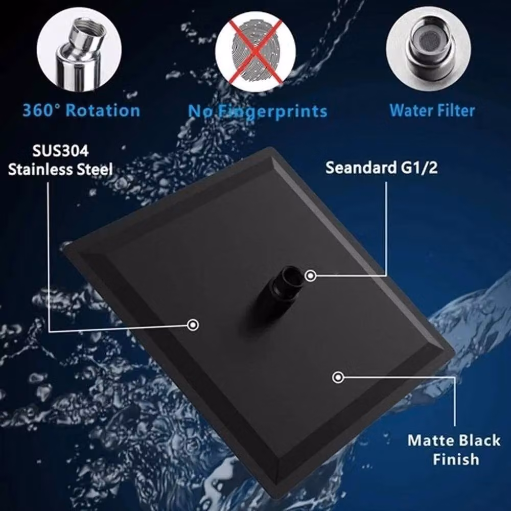 PAWNORA Matt Black Square Overhead Shower Head, Diameter: 25.4 cm – 3