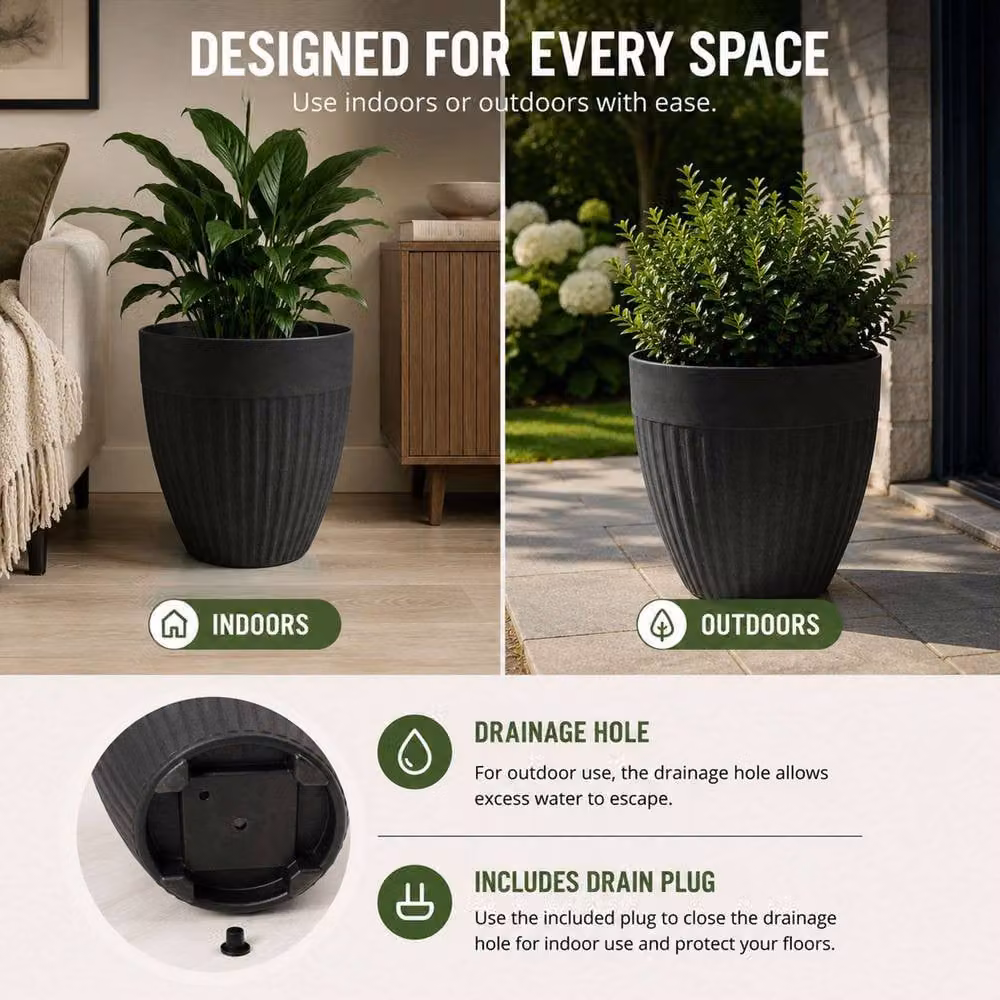 Nicoman Round Fluted Flower Planter Pot, Pack of 2, Charcoal and Grey, W: 36.5 cm, H: 35.5 cm – 4