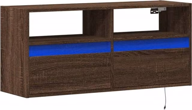 Berkfield Home Modern TV Wall Cabinet with LED Lights in Brown Oak, W/D/H: 100 x 31 x 45 cm – 1