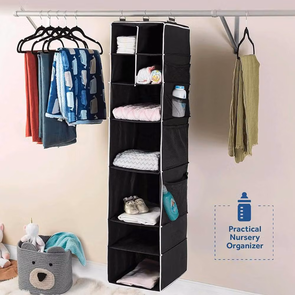 Simpa 9-Shelf Hanging Wardrobe Storage Organiser with Drawers, Black – 5