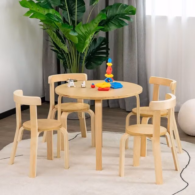 Costway 5-Piece Kids Table and Chair Set in Brown and Beige Wood