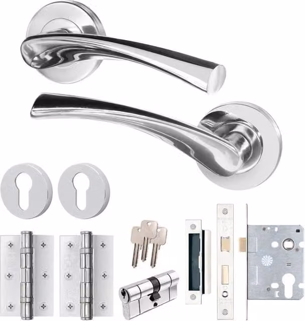 AFIT Chrome Door Handle Rose with Double Cylinder and Hinges, 1 Pair, Polished Silver, W/D/H: 15 x 15 x 1.5 cm