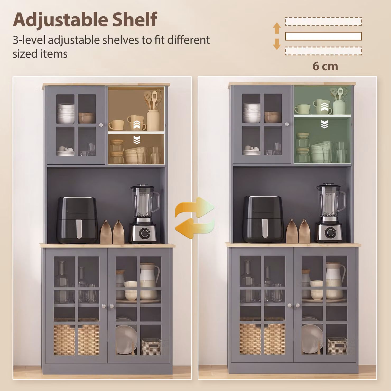 HOMCOM Grey Kitchen Pantry Buffet Hutch with 3 Storage Cabinets and 2 Open Shelves – 3