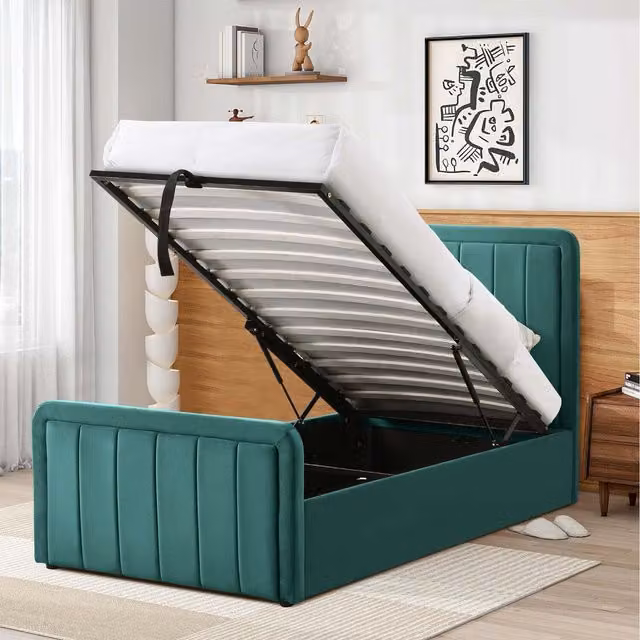 Comfy Living Green Velvet Ottoman Bed Frame with Lift Up Base and Solid Wood Construction, W/D/H: 90 x 190 cm