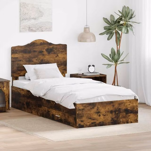 Berkfield Home Modern Bed Frame with Headboard in Smoked Oak Brown, W/D/H: 90 x 190 cm