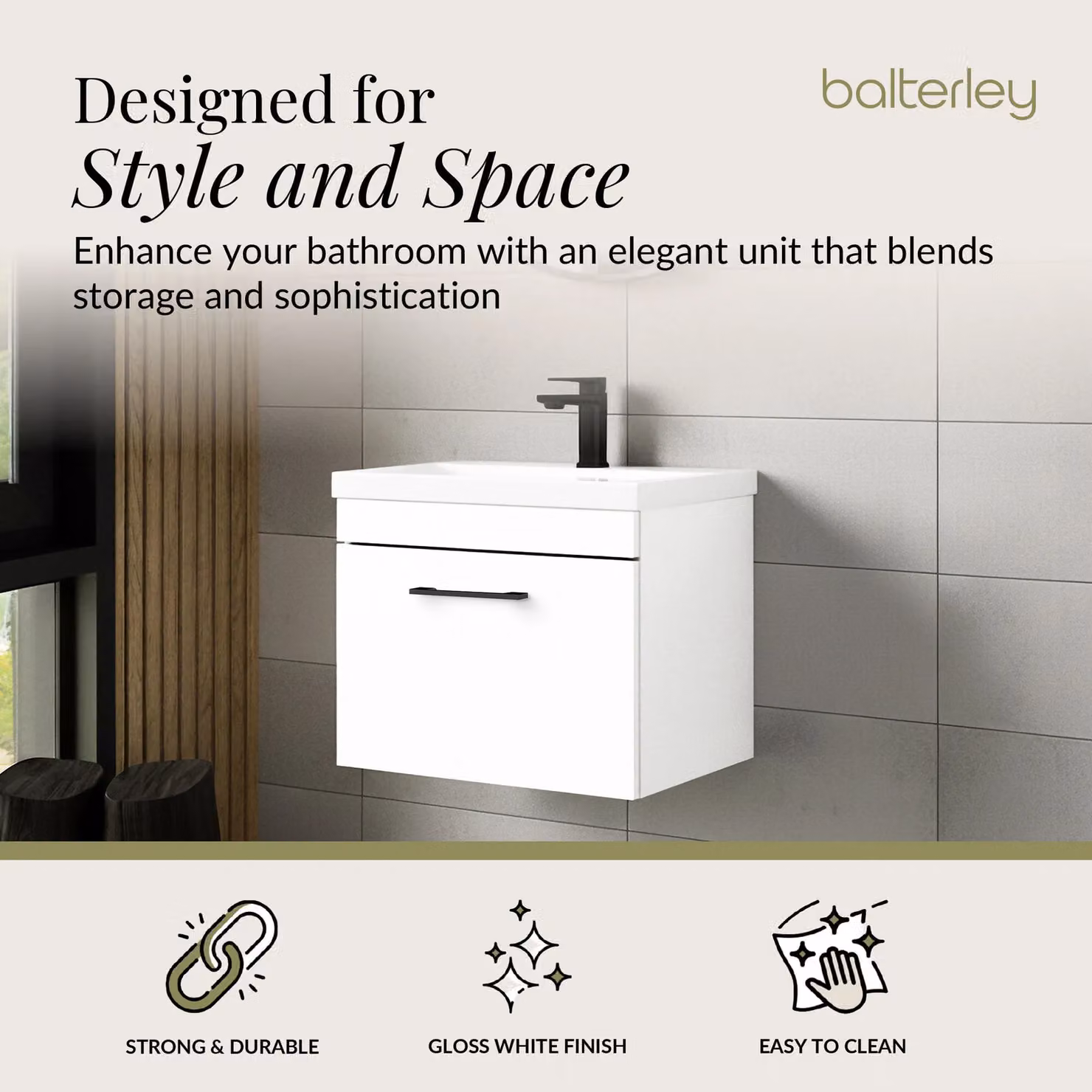 Balterley Modern Wall Hung 1 Drawer Vanity Basin Unit in White and Black Glossy Finish, Width: 60 cm – 2