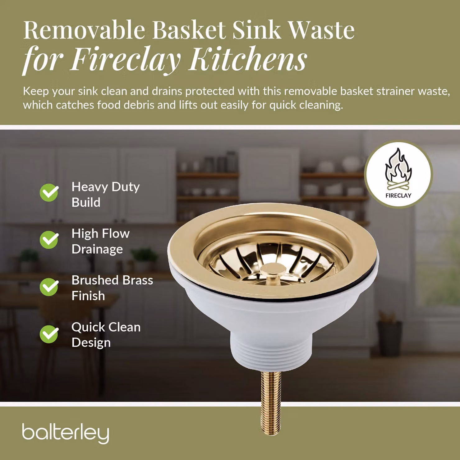 Balterley Kitchen Sink Waste Kit with Stainless Steel Basket Strainer and 1 1/2 inch Pipe, Brushed Brass, W/D/H: 11.5 x 11.5 x 6.3 cm – 3