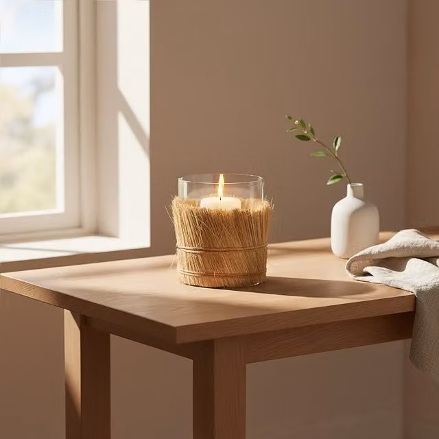 Orsina Modern Round Glass and Rattan Candle Holder in Beige, Brown and Transparent – 1