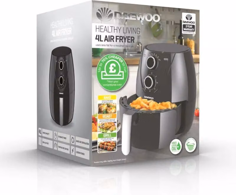 Daewoo 4L Compact Air Fryer in Black with 200°C Temperature Control and Timer – 5