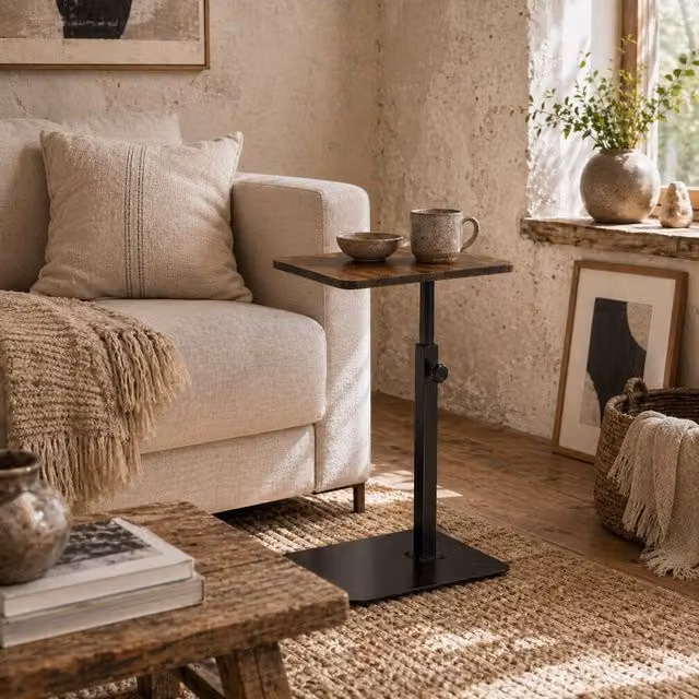 Wyld Haus Falava C Shaped Side Table in Rustic Brown with Adjustable Metal Frame – 1