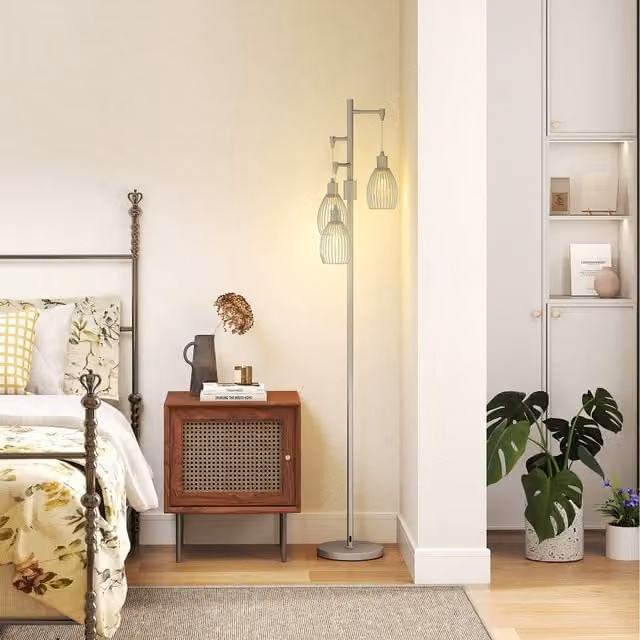 HOMCOM Dimmable 3-Light Industrial Floor Lamp in Silver and Black