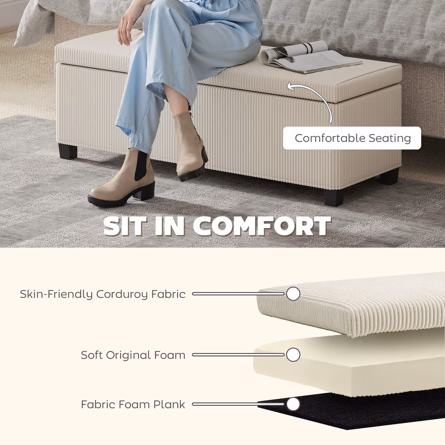 HOMCOM Corduroy Storage Ottoman Bench in Beige with Removable Lid and Metal Legs, W/D/H: 112 x 40 x 40 cm – 3