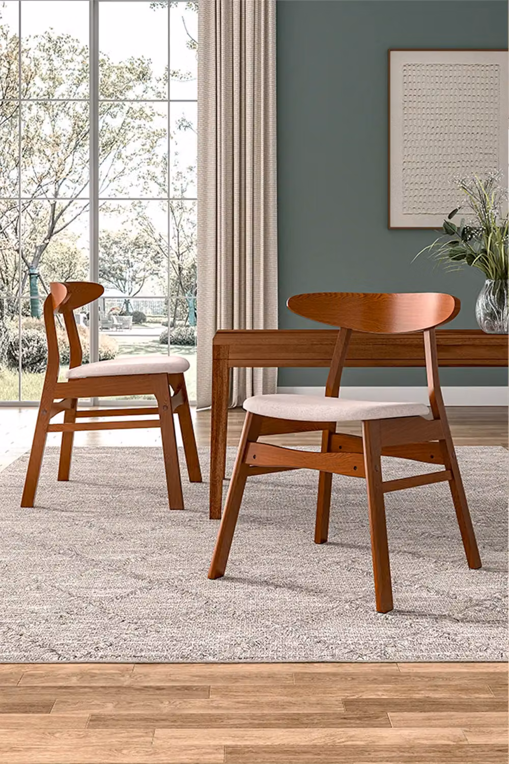 Living and Home Set of 2 Modern Beige Linen Dining Chairs with Wooden Frames – 3