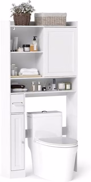 FORGEVIO White Modern Over-the-Toilet Bathroom Cabinet with Sliding Doors and Internal Shelves – 1