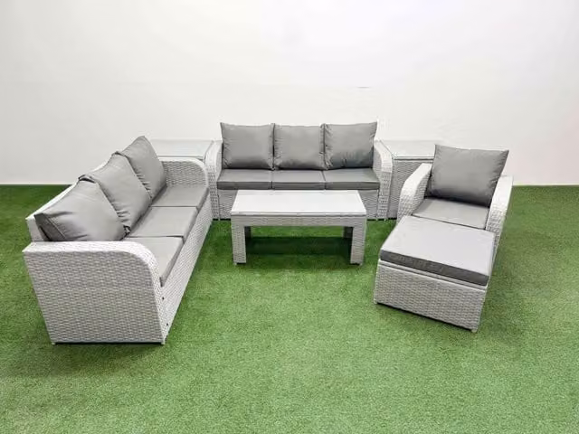 Fimous 8 Seater Poly Rattan Garden Furniture Set in Grey with Upholstered Cushions, Coffee Table, 3 Seater Sofa, Reclining Chairs and Ottoman