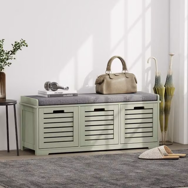 HOMCOM Green Shoe Storage Bench with Fabric Cushion and Slatted Doors – 1