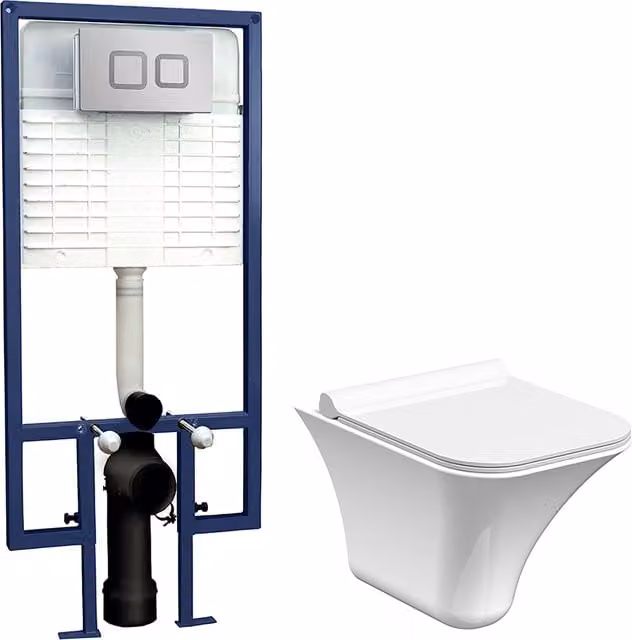Balterley White Ceramic Wall Hung Toilet Pan with Concealed Cistern, Dual Flush Push Button Plate, Width: 355 mm