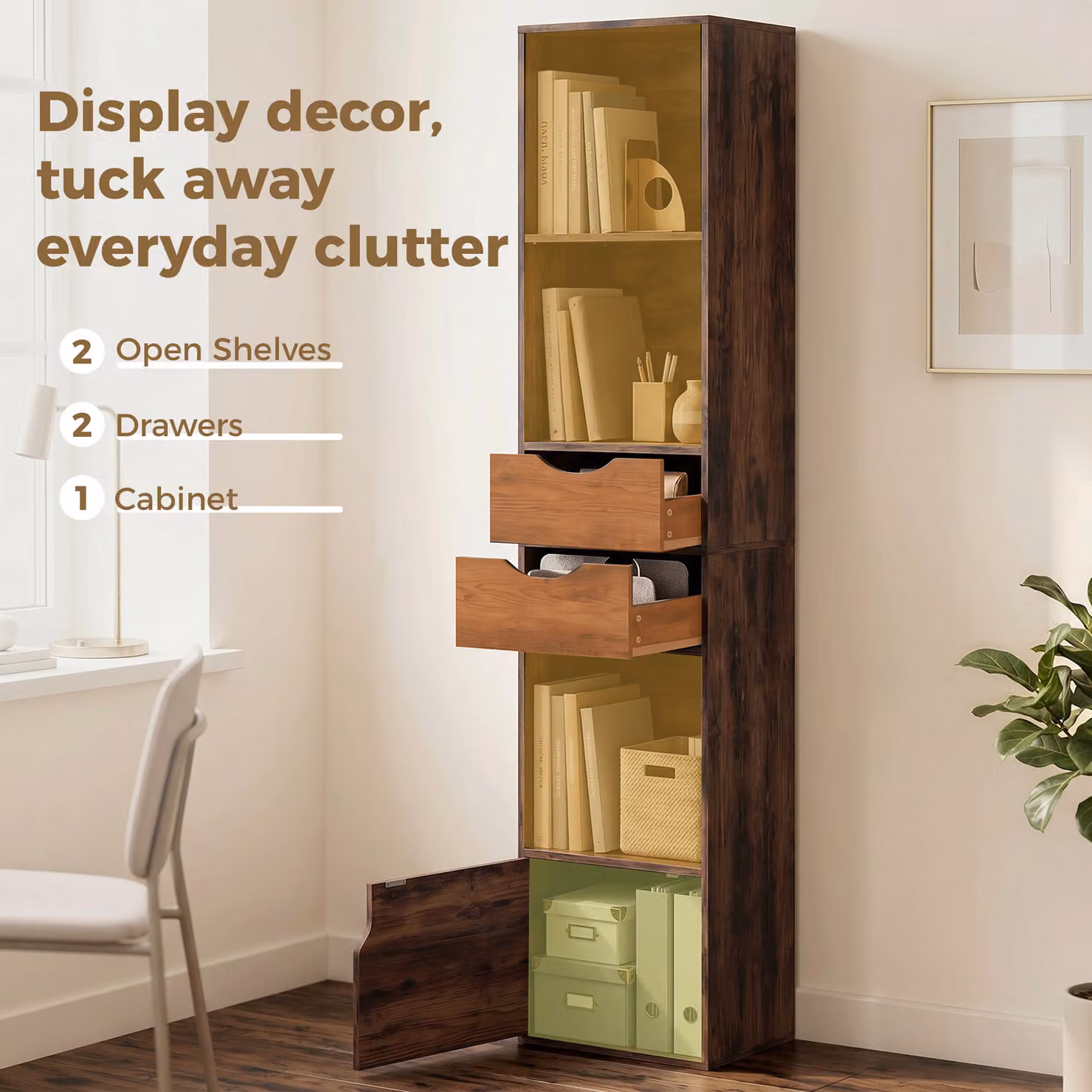 HOMCOM Rustic Brown Bookcase with 2 Drawers, Adjustable Shelves and Cabinet, Height: 158 cm – 5