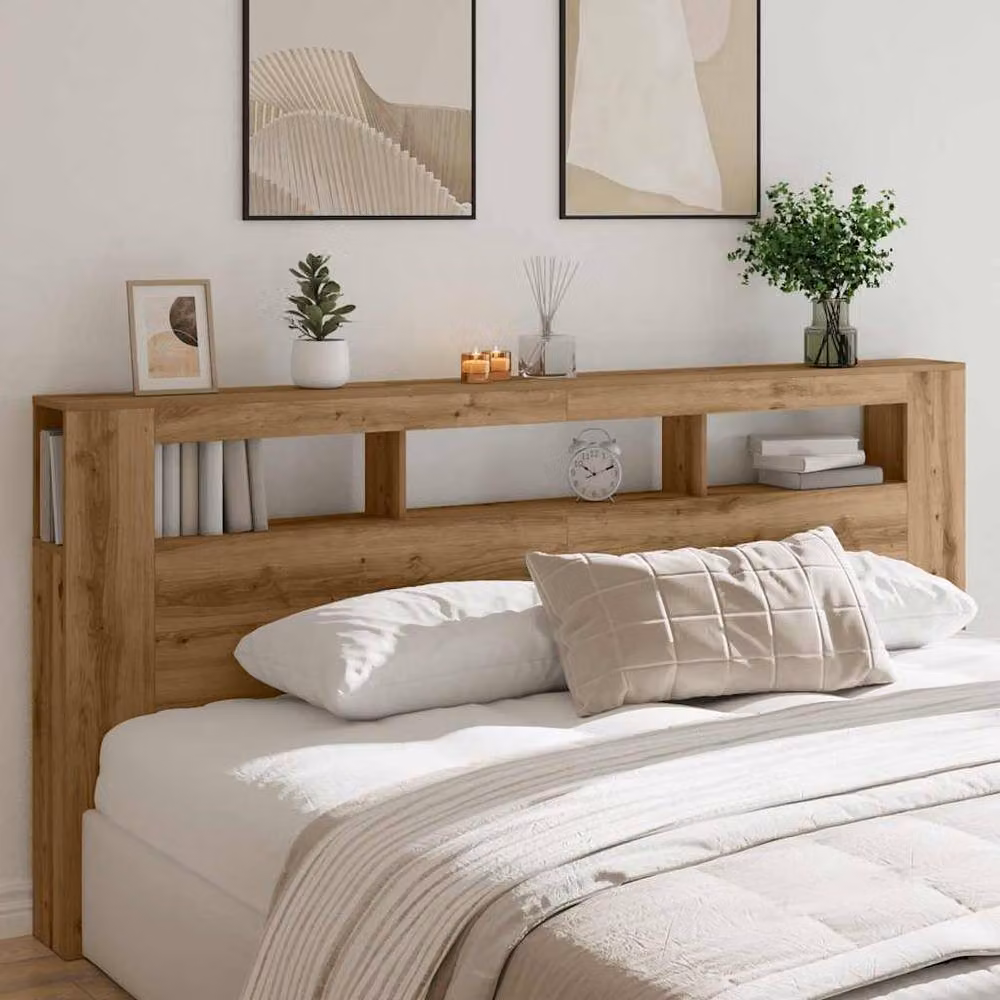 Berkfield Home Artisan Oak LED Headboard with Integrated Lighting and Bedside Shelves, Brown, W: 220 cm, D: 18.5 cm, H: 103.5 cm – 2