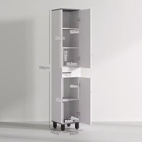 HOMCOM Modern Freestanding Bathroom Storage Tall Cabinet with Adjustable Shelves and Drawers, W/D/H: 32 x 27 x 190 cm – 3