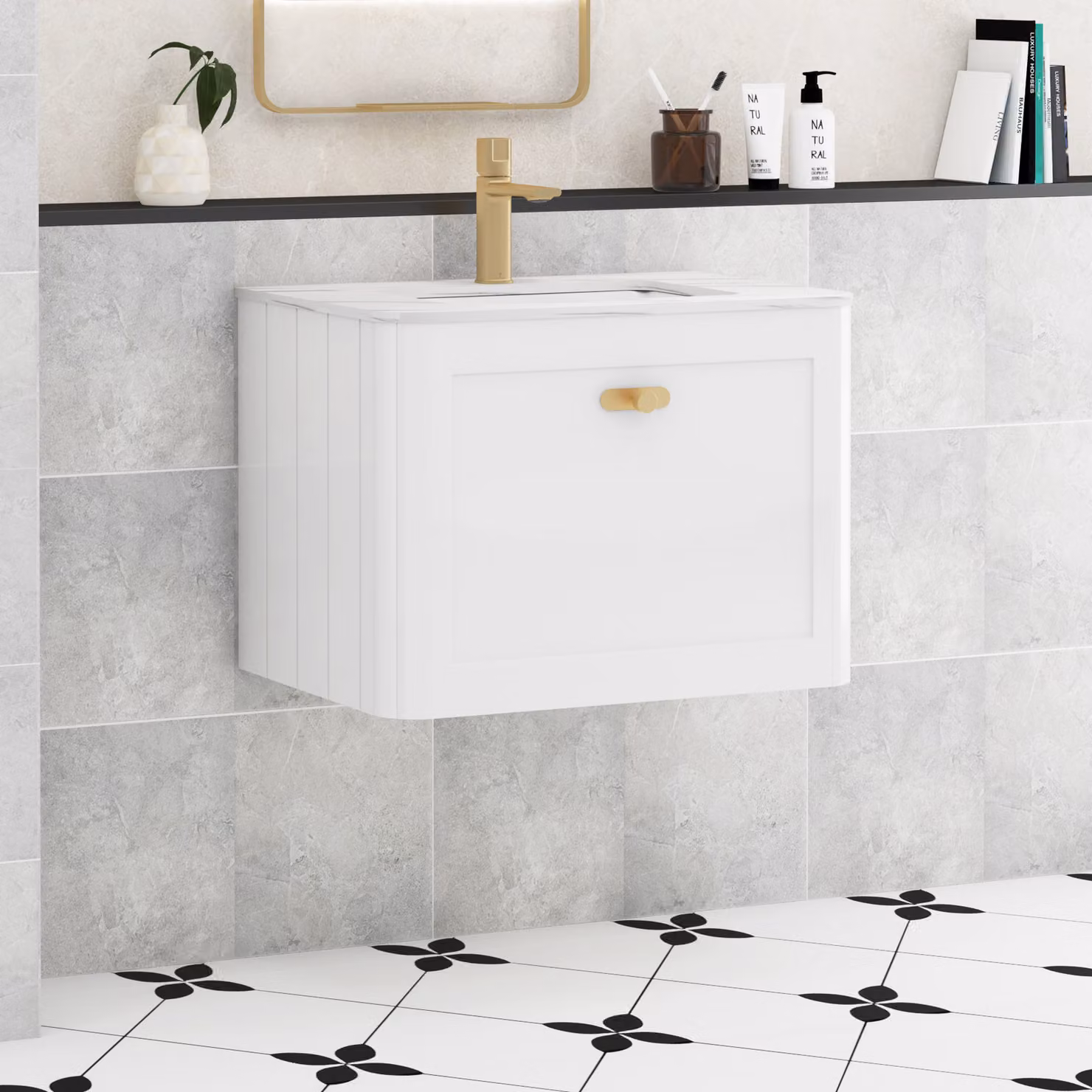 Royal Bathrooms Henley 600mm Gloss White Wall Hung Vanity Unit with Carrara White Stone Top and Brushed Brass Knob