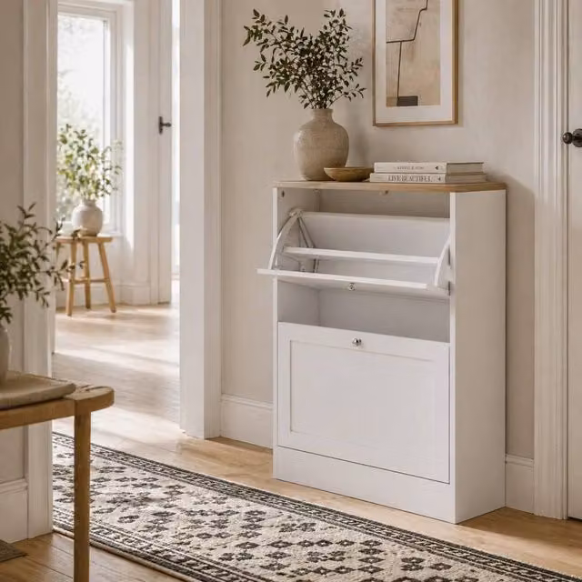 Wyld Haus Lori White Shoe Cabinet with Natural Wood Top and 2 Tilting Compartments, W/D/H: 60 x 23.5 x 80 cm – 1