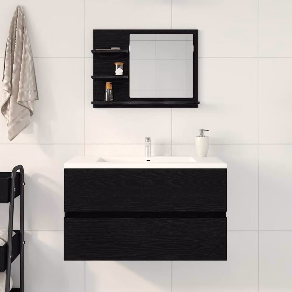 Berkfield Home Black Oak Wall Mounted Bathroom Mirror, W: 60 cm, D: 10.5 cm, H: 45 cm – 3