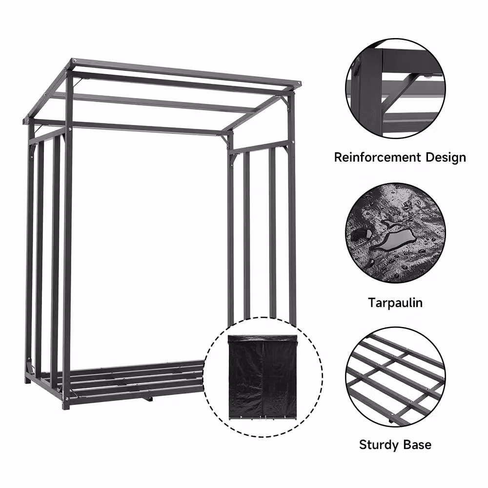 Living and Home Small Metal Tube Firewood Rack with Roof, Black, W/D: 109.7 x 70.1 cm – 4