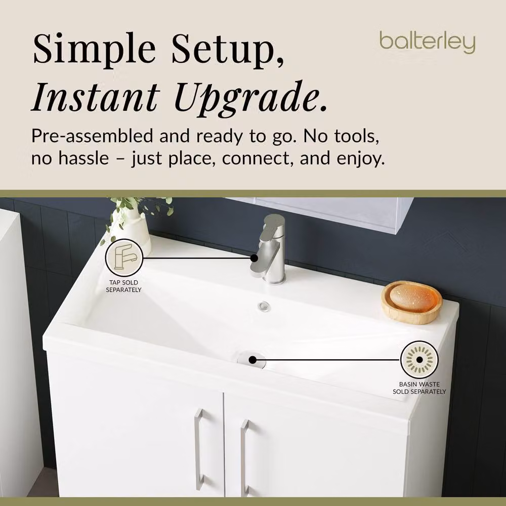 Balterley Modern Gloss White Floor Standing Bathroom Vanity Unit with 2 Soft-Close Doors and Mid-Edge Basin W/D/H: 80 x 39 x 84 cm – 3
