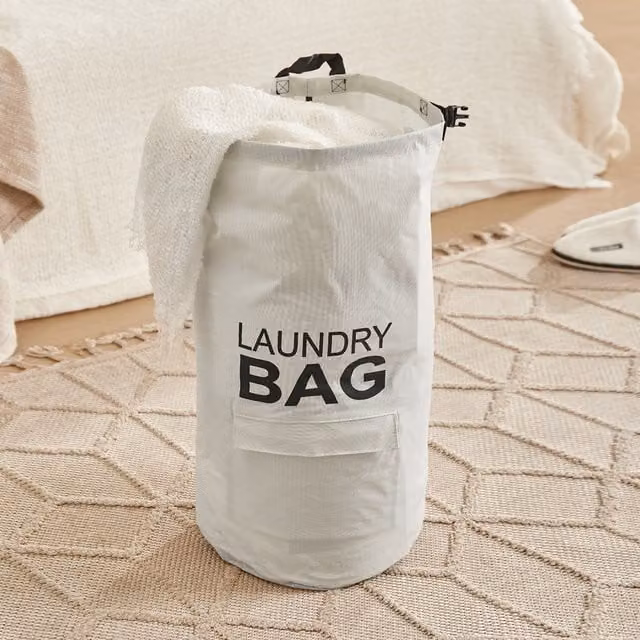 Livingandhome Collapsible Fabric Laundry Backpack in Beige and White