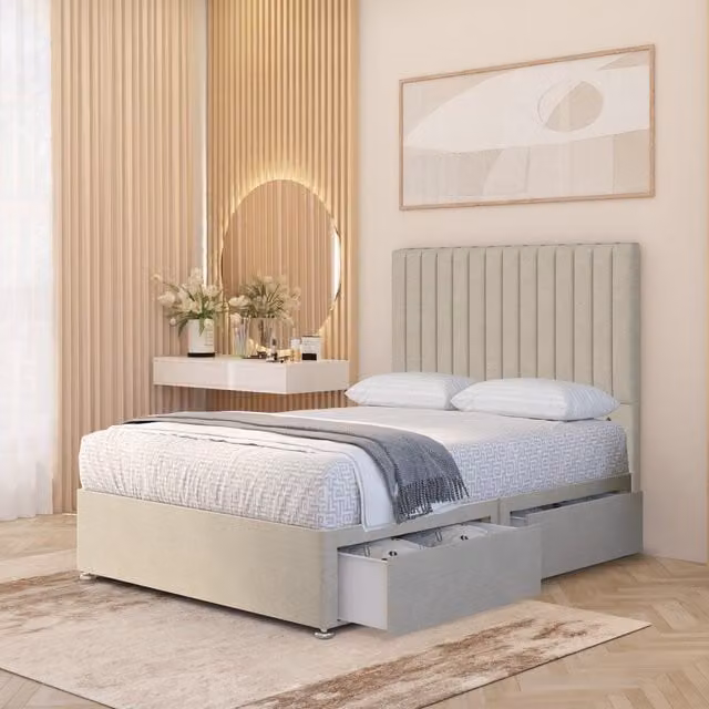 Somnior Beds Ltd Verona Tweed 4000 Pacific Pocket Spring Divan Bed Set with 54 inch Headboard and Drawers in Natural, W/D/H: 200 x 180 x 160 cm