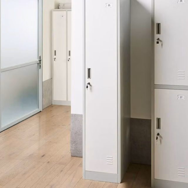 Wyld and Coco Freestanding Metal Storage Locker in White and Grey with Lockable Hinged Doors, Internal Shelves and Hanging Rod