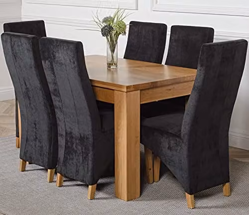 Thats Furniture Dakota Oak Dining Table and 6 Lola Black Fabric Upholstered Chairs Set, W: 127 cm, D: 82 cm